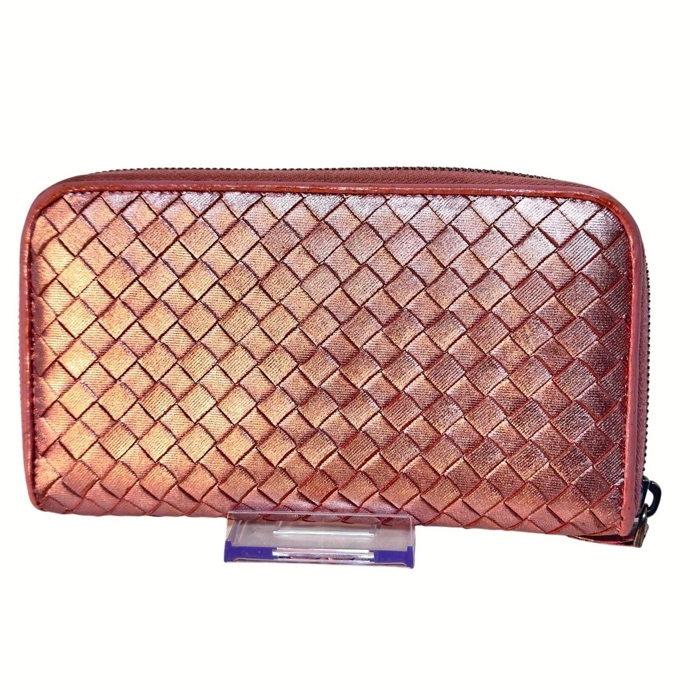 Bottega Veneta Metallic Rose Lambskin Zip Around Wallet Guc